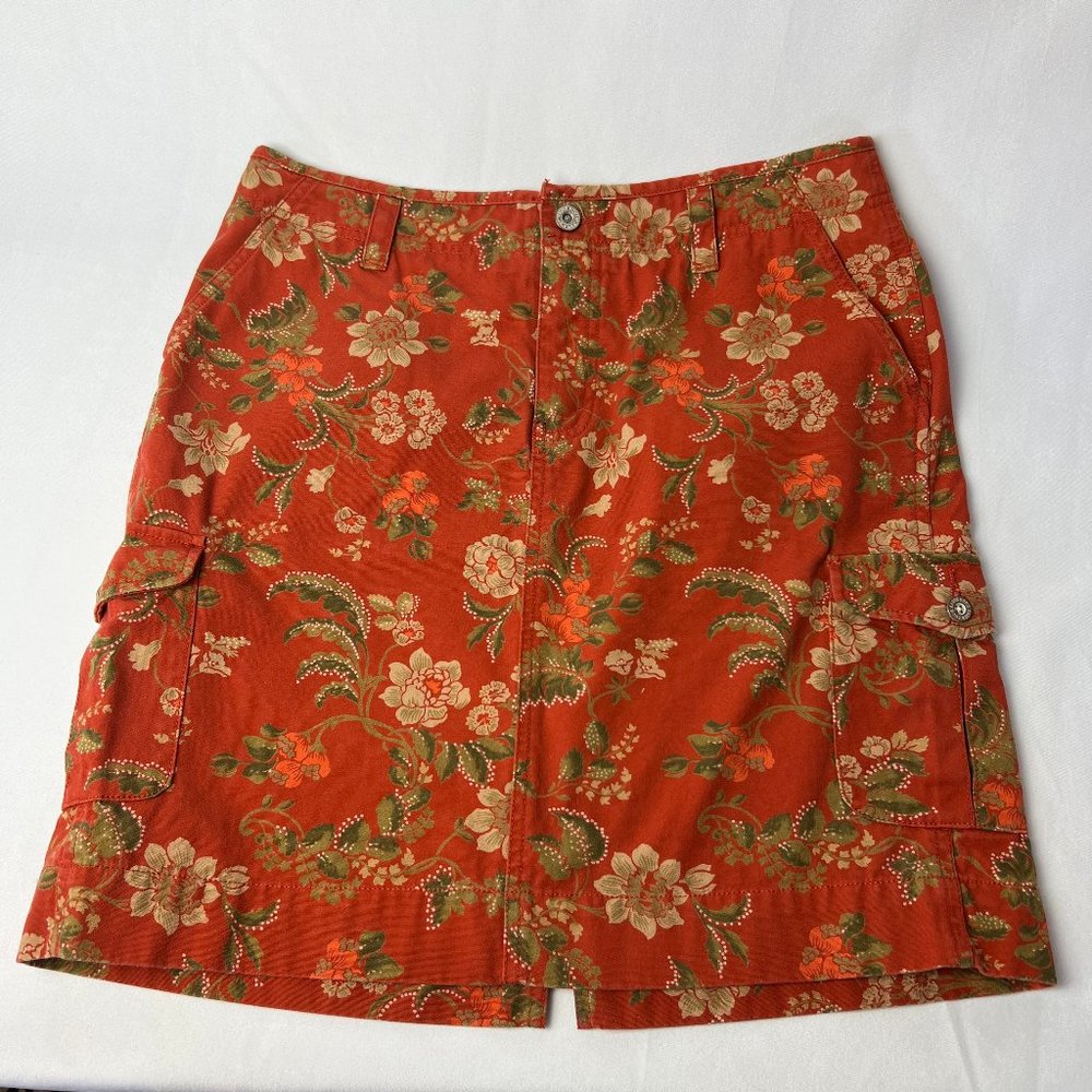 Eddie Bauer Flowered Mini Skirt Sz 10 Rust Green Tan 100% Cotton Zip Front Slit